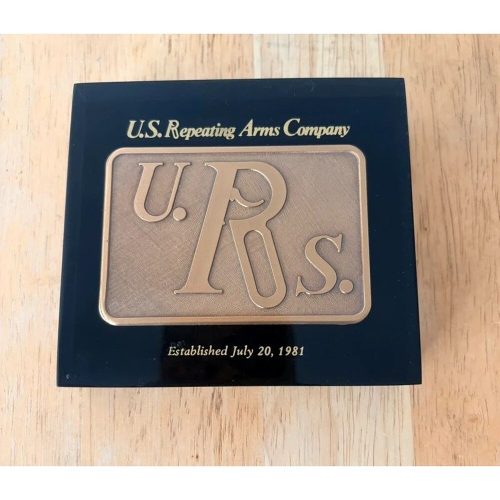 Vintage US Repeating Arms Company Brass & Lucite Paperweight Winchester 1981